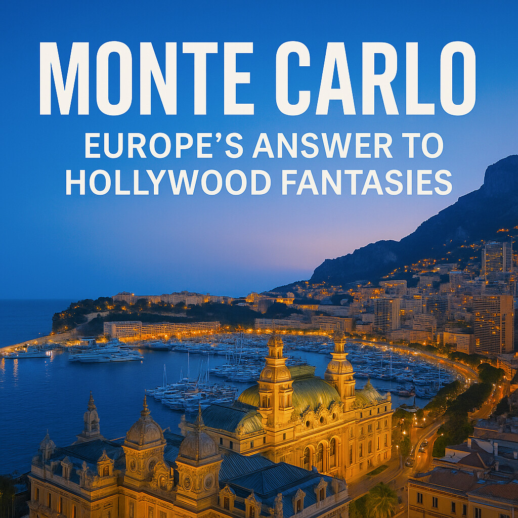 Twilight view of Monte Carlo with the illuminated Casino de Monte-Carlo, luxury yachts, and Riviera skyline, representing Europe’s answer to Hollywood fantasies.