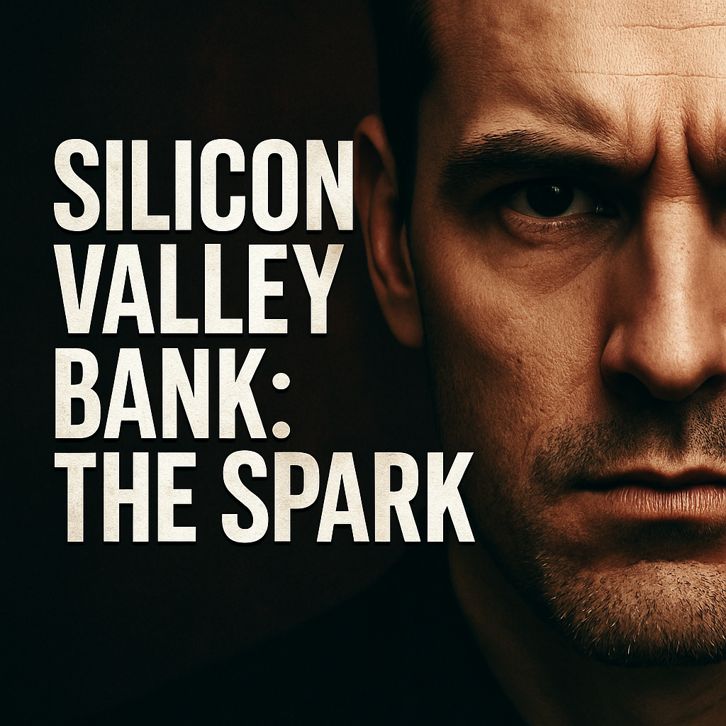Close-up portrait of a man’s face illustrating the intensity behind Silicon Valley Bank: The Spark.