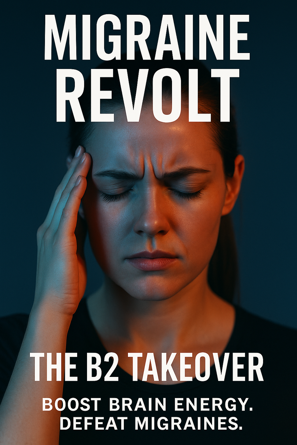 Woman holding her head in pain, representing migraine relief using vitamin B2 (riboflavin) in a Tyrant Magazine health feature.