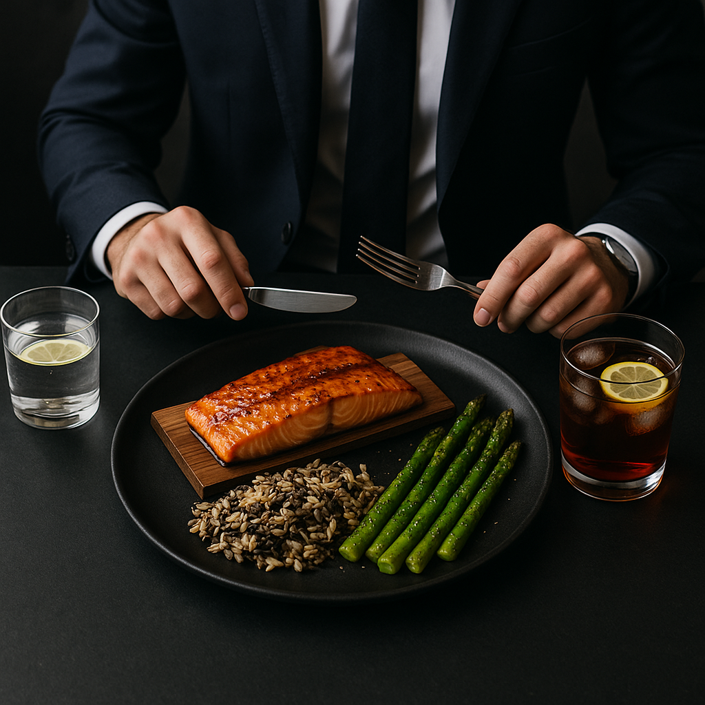A cedar-planked steelhead salmon power lunch with asparagus, wild rice, and a suited man preparing to eat at a dark executive table.