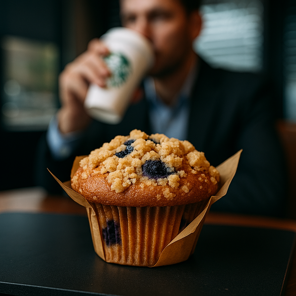 A close-up of a Starbucks Blueberry Streusel Muffin with a businessman drinking coffee in the background, representing a fast power breakfast for men on the go.