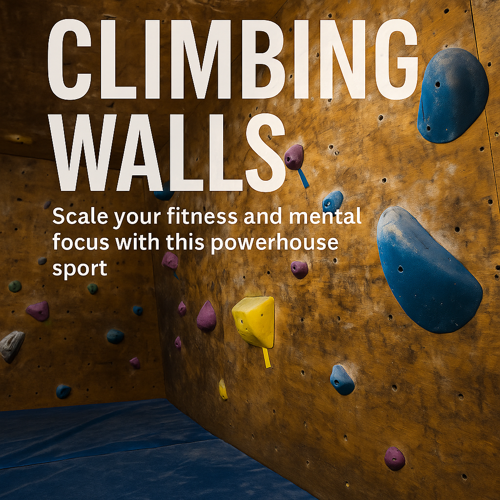 A woman climbs an indoor climbing wall, focusing on handholds and foot placement while building strength, balance, and mental focus.