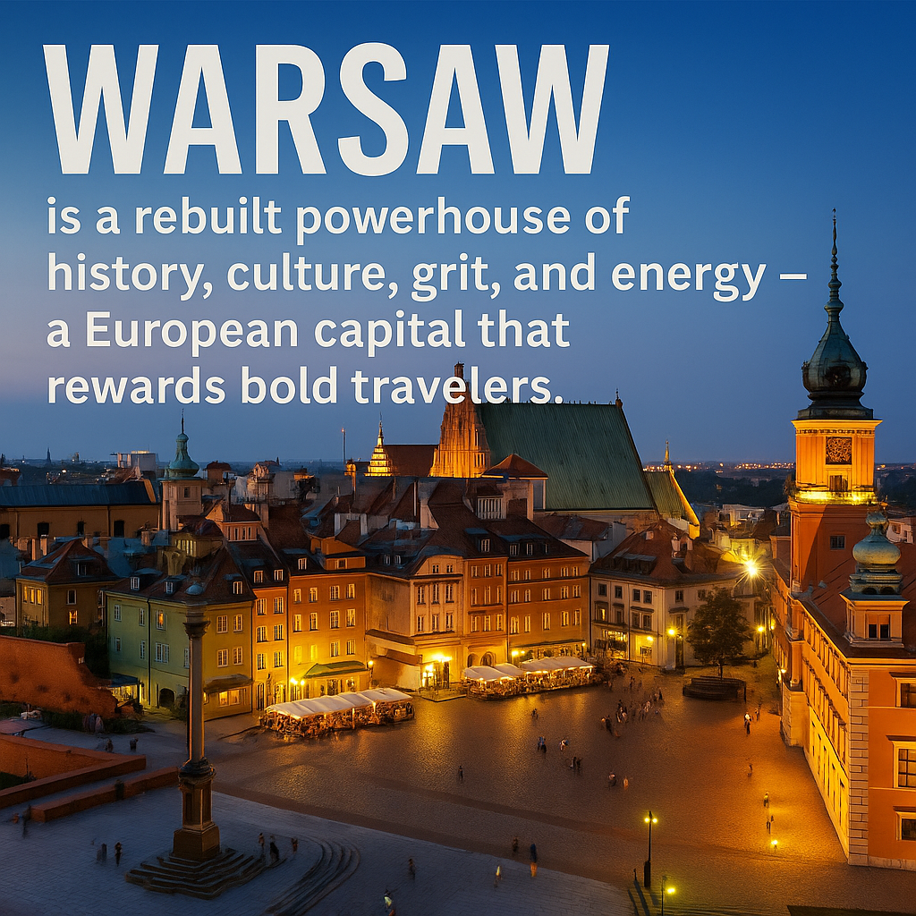 Evening view of Warsaw Old Town with colorful buildings, glowing city lights, and historic landmarks, showcasing Warsaw as a rebuilt powerhouse of culture, grit, and energy.
