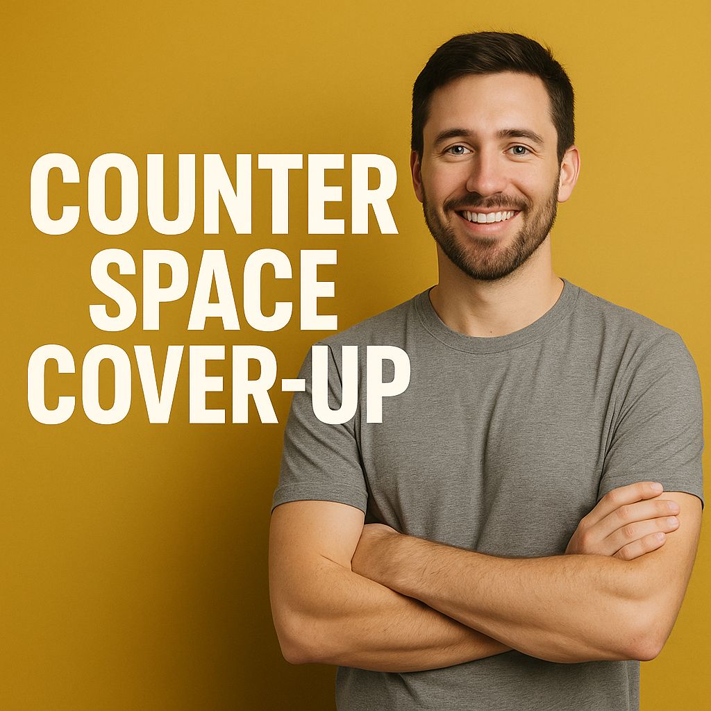 Smiling man standing against a mustard background with the text “Counter Space Cover-Up,” representing kitchen counter space decluttering tips.