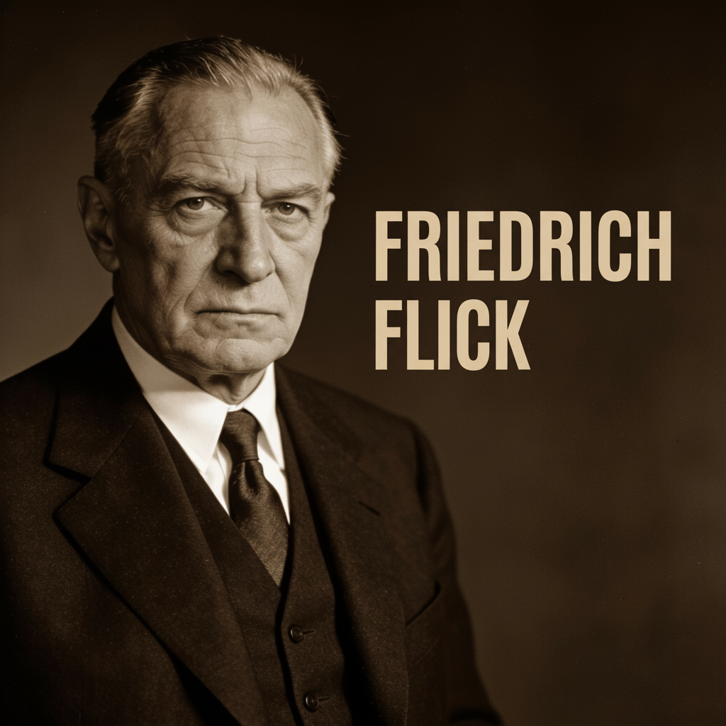 Veteran portrait of Friedrich Flick, German industrialist and WWII war criminal, in black and white.